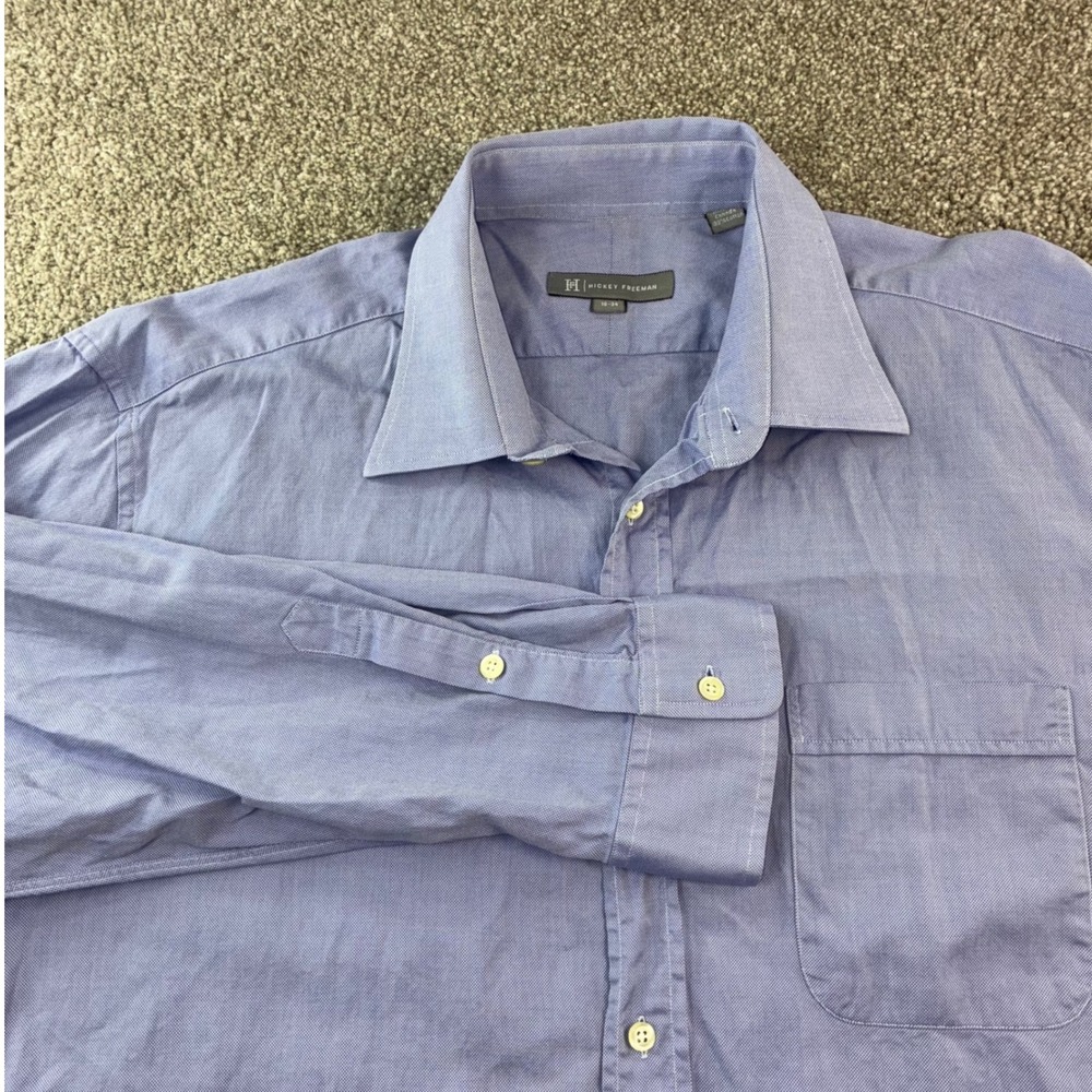Hickey Freeman Mens 18 34/35 Blue Button Down Long Sleeve Shirt Office Formal